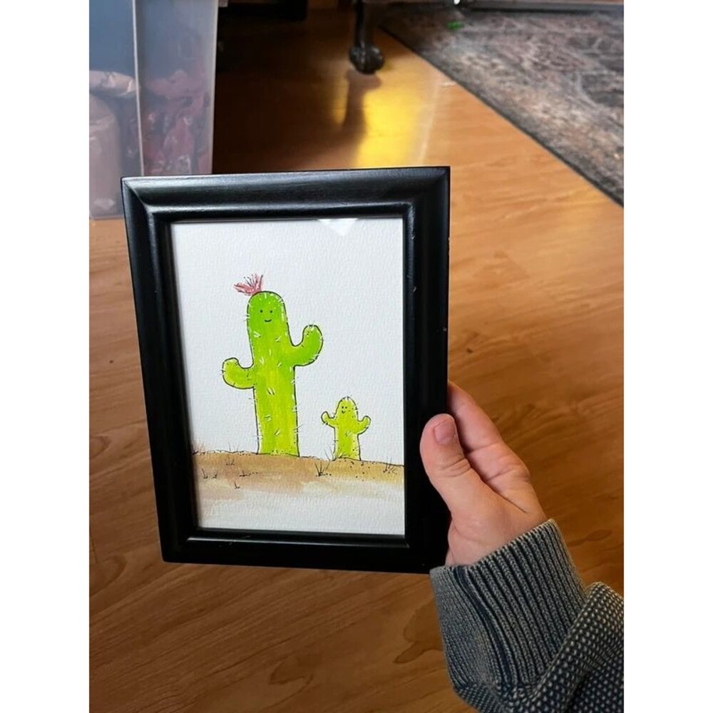 Mommy and me cactus watercolor original in frame